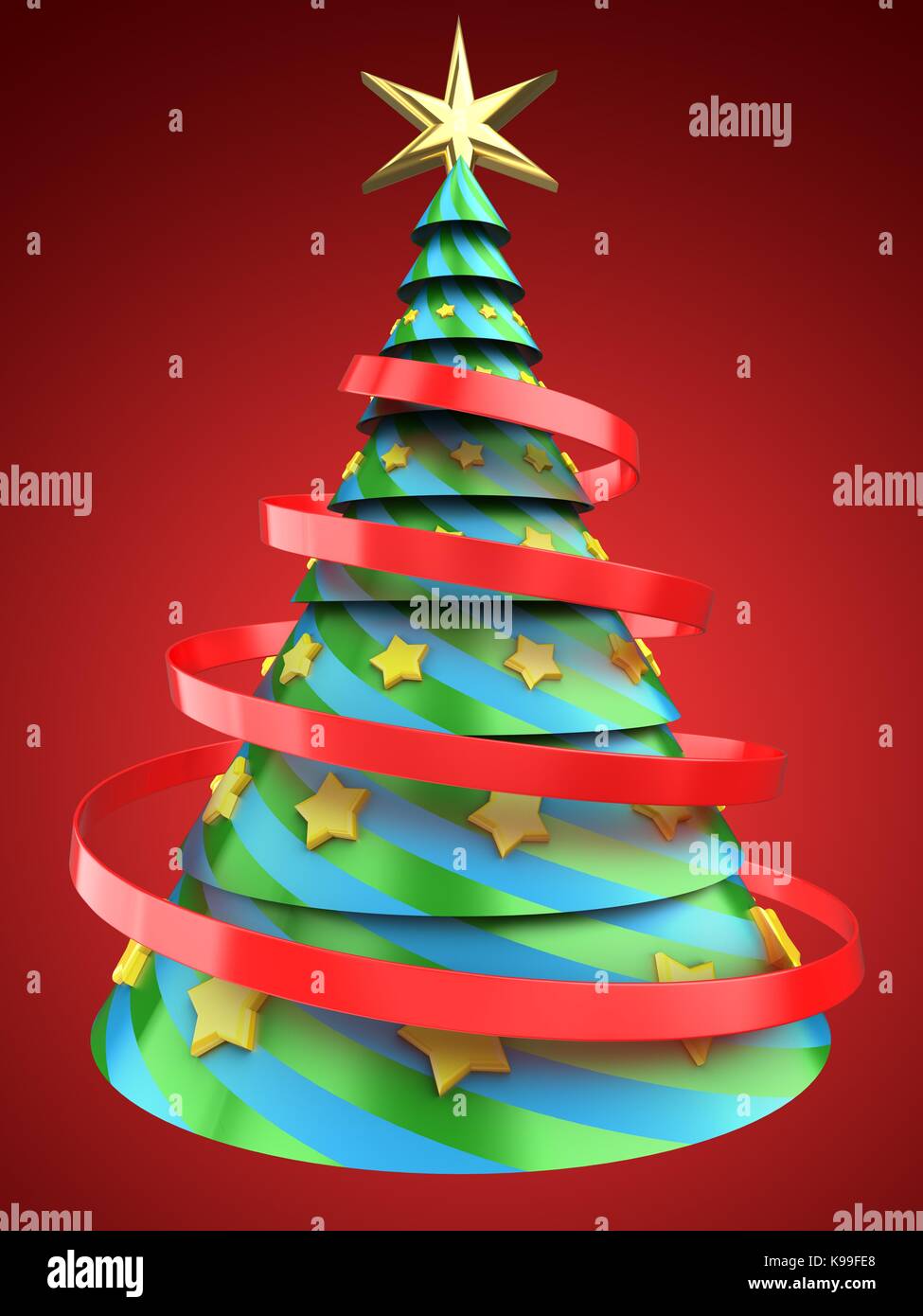 3d illustration of Christmas tree over red background with yellow stars ...