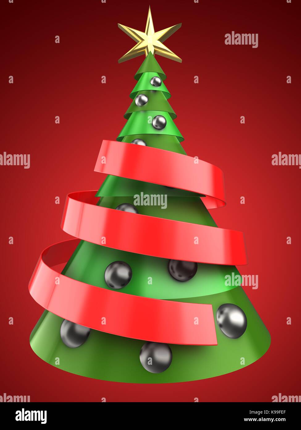 3d illustration of Christmas tree over red background with mirror ball ...