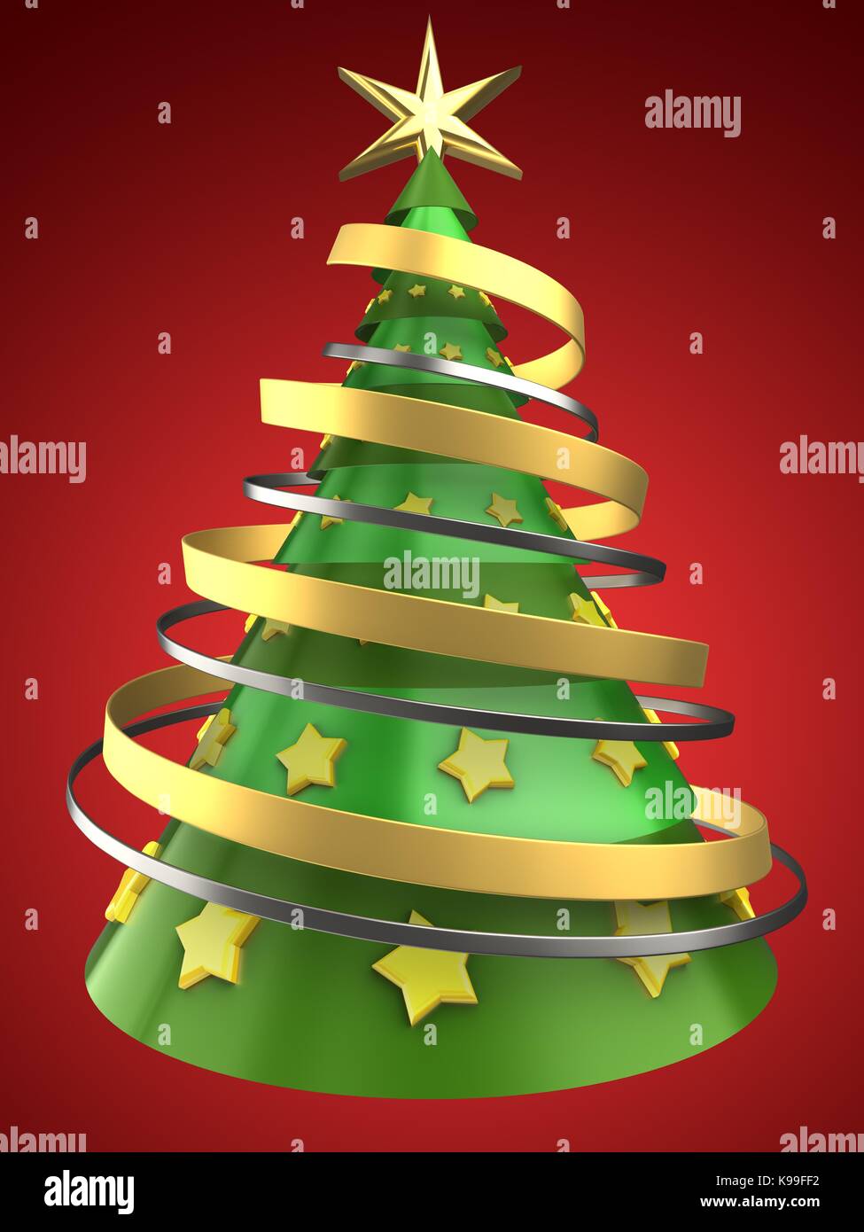 3d illustration of Christmas tree over red background with yellow stars ...
