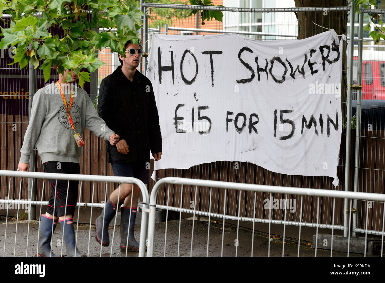 Advertisement for hot showers at Reading festival Stock Photo