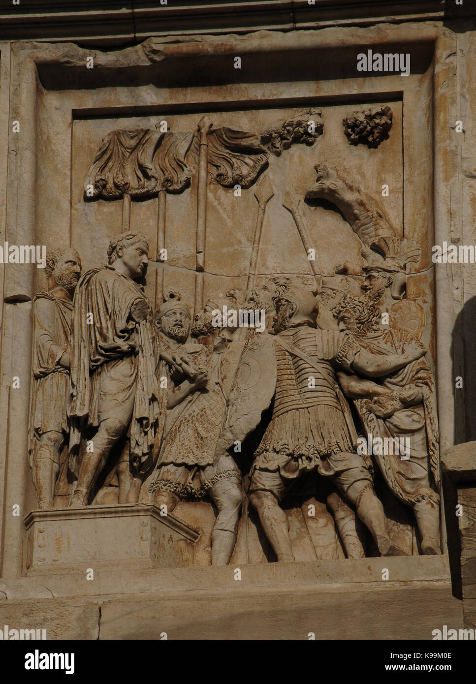 Italy. Rome. Arch of Constantine. 4th century. Erected by the Senate in honor of Emperor Constantine after his victory over Maxentius at the Battle of Milvian Bridge (312). Panels from an earlier monument to Marcus Aurelius. Relief. Stock Photo