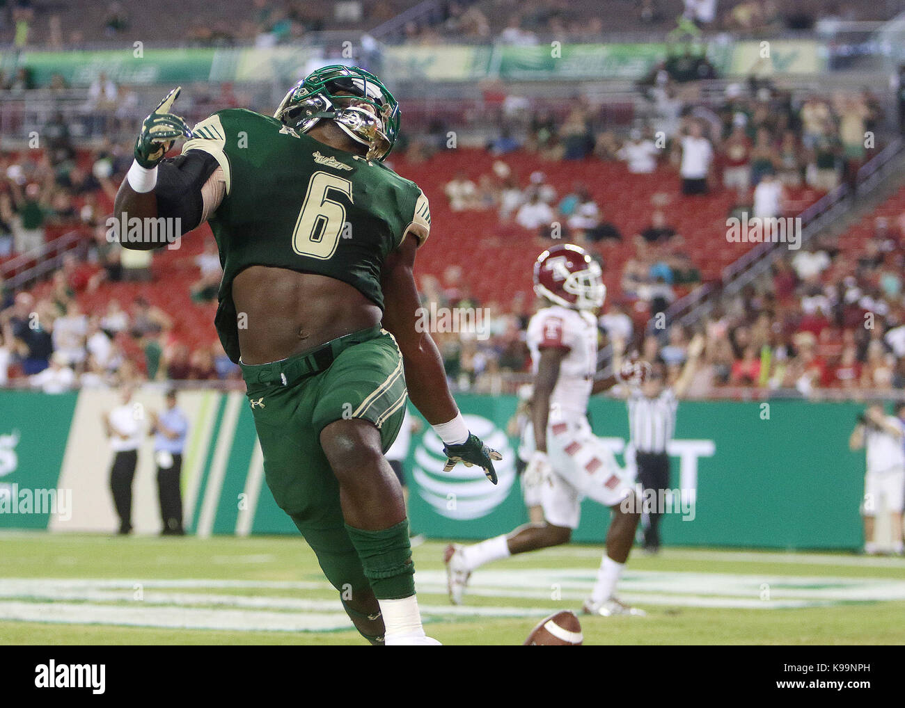 City, Florida, USA. 21st Sep, 2017. OCTAVIO JONES | Times .South Florida running back Darius Tice (6) scored a touchdown against the Temple Owls defense during the first half at Raymond James Stadium in Tampa, Florida on Thursday, September 21, 2017. Credit: Octavio Jones/Tampa Bay Times/ZUMA Wire/Alamy Live News Stock Photo