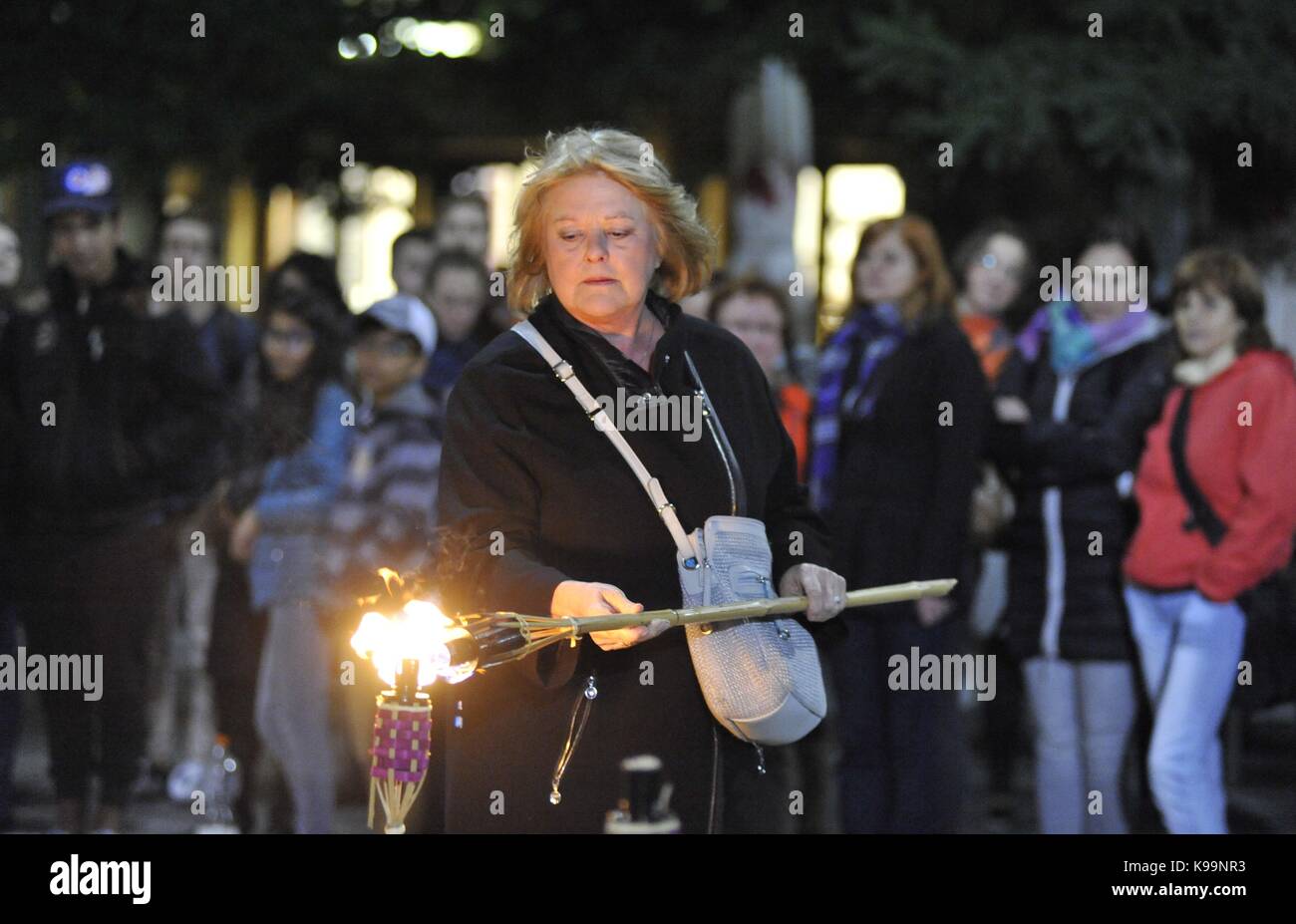 Brno, Czech Republic. 21st Sep, 2017. Happening World Peace Day (International Day of Peace) was held on the Moravian Square in Brno, Czech Republic, on September 21, 2017. Twenty-one of Brno known personalities light up torches for more than two dozen countries which are in the war. On the photo is seen Hana Ulrychova, singer. Credit: Igor Zehl/CTK Photo/Alamy Live News Stock Photo