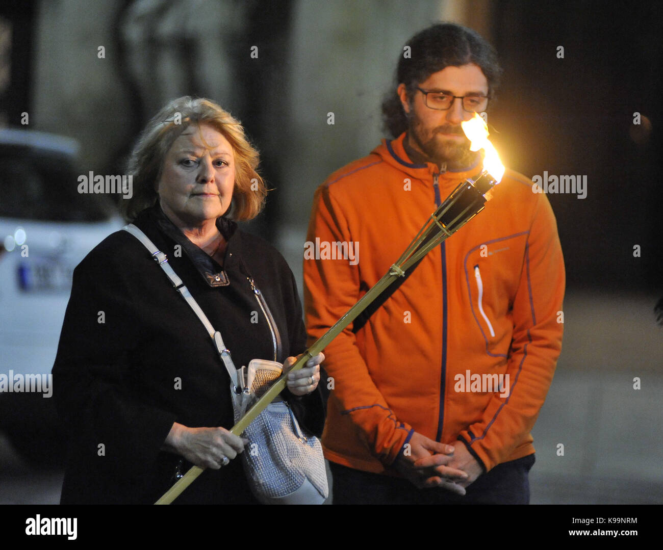 Brno, Czech Republic. 21st Sep, 2017. Happening World Peace Day (International Day of Peace) was held on the Moravian Square in Brno, Czech Republic, on September 21, 2017. Twenty-one of Brno known personalities light up torches for more than two dozen countries which are in the war. On the photo are seen L-R Hana Ulrychova, singer, and Filip Habrman, humanitarian worker. Credit: Igor Zehl/CTK Photo/Alamy Live News Stock Photo