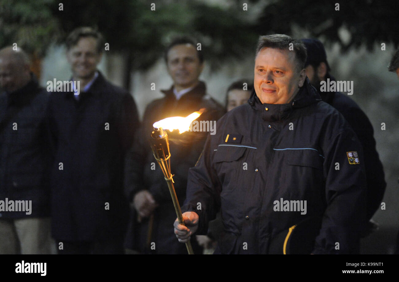 Brno, Czech Republic. 21st Sep, 2017. Happening World Peace Day (International Day of Peace) was held on the Moravian Square in Brno, Czech Republic, on September 21, 2017. Twenty-one of Brno known personalities light up torches for more than two dozen countries which are in the war. On the photo is seen Roman Stejskal, commander of the Brno firefighters. Credit: Igor Zehl/CTK Photo/Alamy Live News Stock Photo