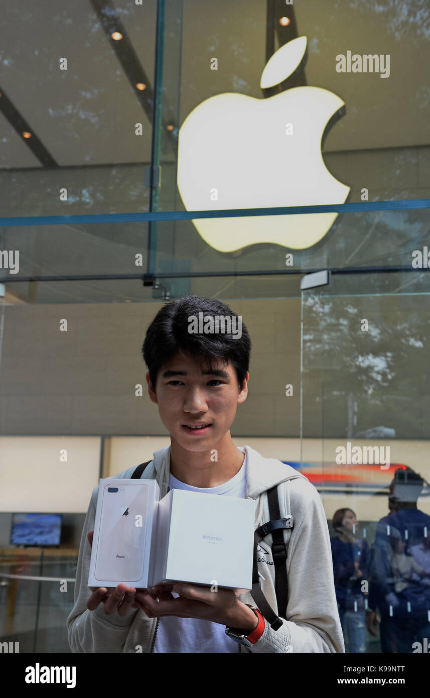 First customer shows off new iPhone8 and Apple Watch Series 3 at the Apple store in Omotesando in Tokyo, Japan on September 22, 2017. Credit: AFLO/Alamy Live News Stock Photo