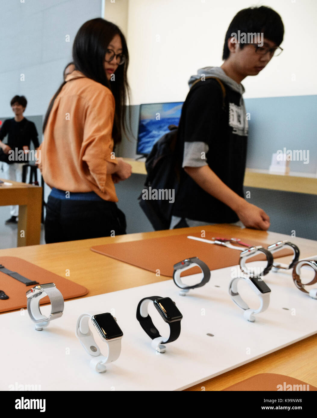The new Apple Watch Series 3 is displayed at the Apple store in Omotesando in Tokyo, Japan on September 22, 2017. Credit: AFLO/Alamy Live News Stock Photo