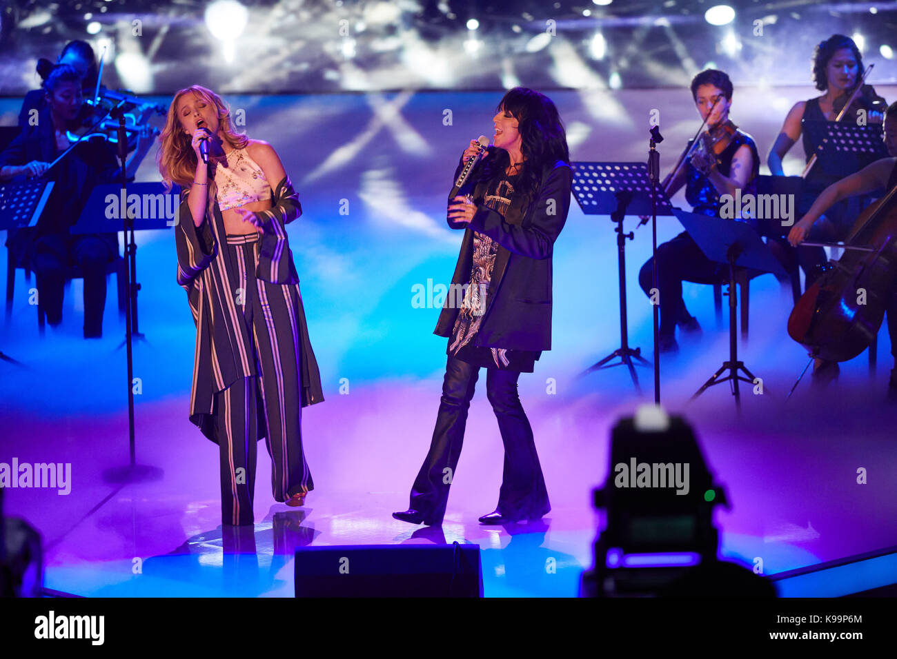 Zara Larsson and Nena perform during the shooting of the TV show 'Nena -  Nichts versaeumt' (lit. 'Nothing missed') in Hamburg, Germany, 21 September  2017. The show will run on the occasion