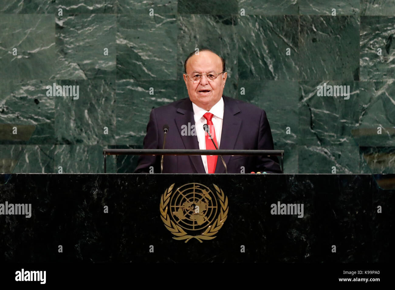 (170922) -- NEW YORK, Sept. 22, 2017 (Xinhua) -- Yemeni President Abdrabuh Mansour Hadi addresses the 72nd United Nations General Assembly general debate at the UN headquarters in New York, Sept. 21, 2017. (Xinhua/Li Muzi) (zy) Stock Photo