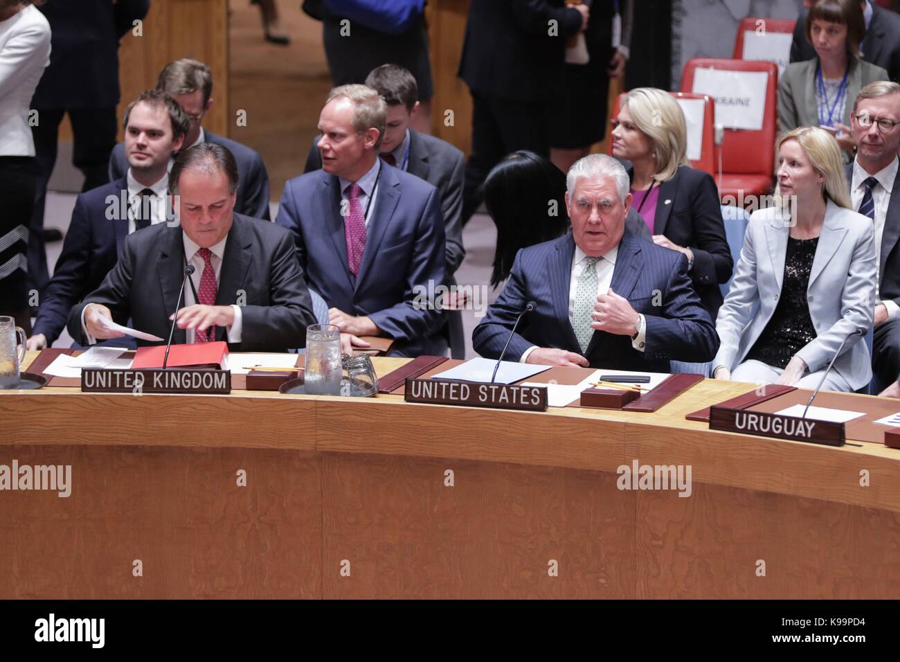 United Nations, New York, USA, September 21 2017 - Rex Tillerson, Secretary of State of the United States of America, addresses the Security Council's meeting on non-proliferation of weapons of mass destruction today at the UN Headquarters in New York City. Photo: Luiz Rampelotto/EuropaNewswire | usage worldwide Stock Photo