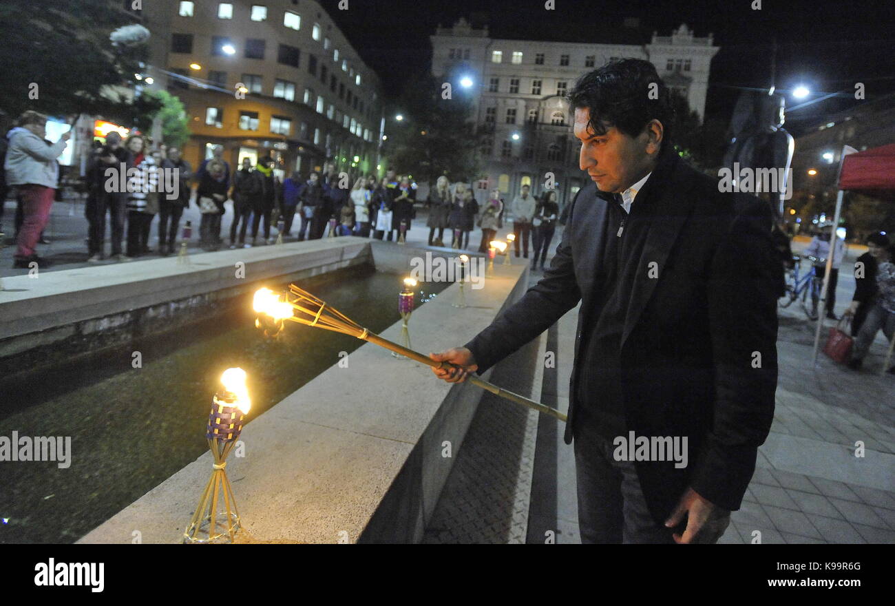 Happening World Peace Day (International Day of Peace) was held on the Moravian Square in Brno, Czech Republic, on September 21, 2017. Twenty-one of Brno known personalities light up torches for more than two dozen countries which are in the war. On the photo is seen Safa Hassani, Afghan psychologist. (CTK Photo/Igor Zehl) Stock Photo