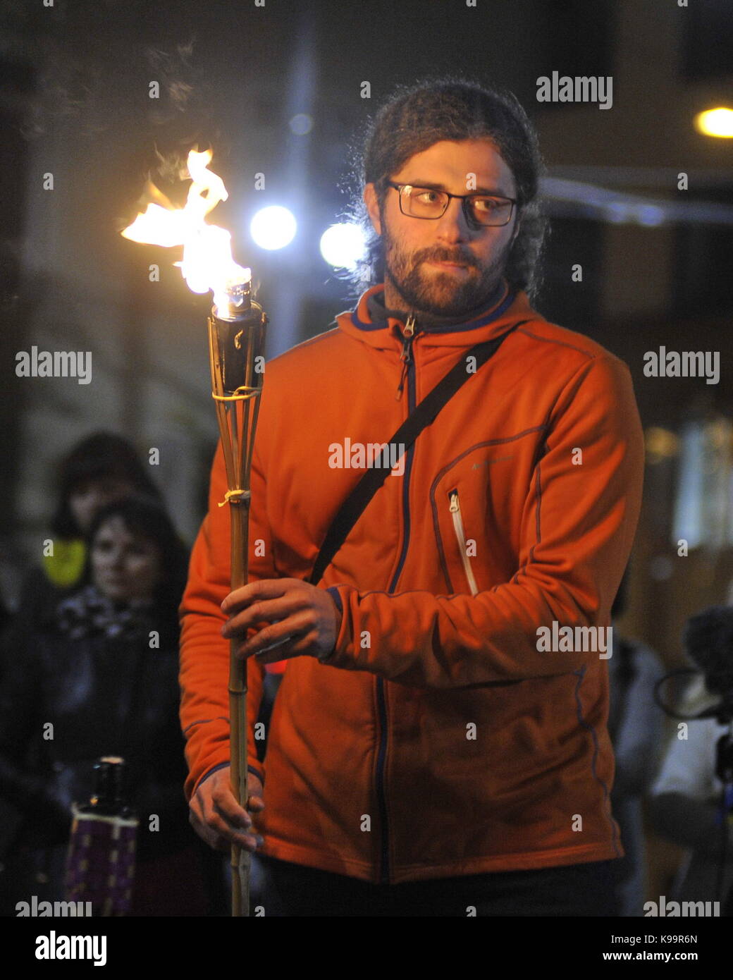 Happening World Peace Day (International Day of Peace) was held on the Moravian Square in Brno, Czech Republic, on September 21, 2017. Twenty-one of Brno known personalities light up torches for more than two dozen countries which are in the war. On the photo is seen Filip Habrman, humanitarian worker. (CTK Photo/Igor Zehl) Stock Photo