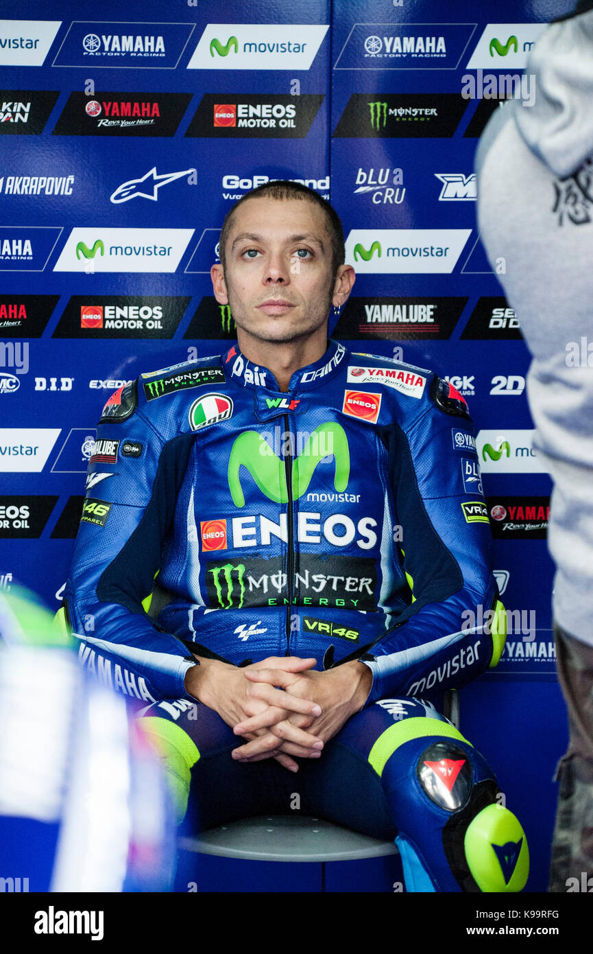 Aragon, Spain. 22 September, 2017. Valentino Rossi; of the Movistar Yamaha Motogp Team rest in the garage during the Aragon Friday free practice of Motogp. Today is the first practice day after suffering leg fractures in a serious motocross crash Credit: Pablo Guillen/Alamy Live News Stock Photo