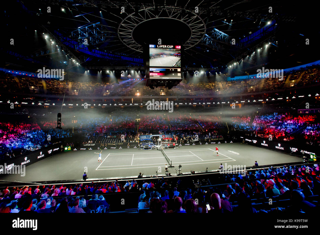 O2 arena with dark tennis court is seen during the first edition of the  Laver Cup tennis tournament in Prague, Czech Republic, on September 22,  2017. The team of Europe will compete