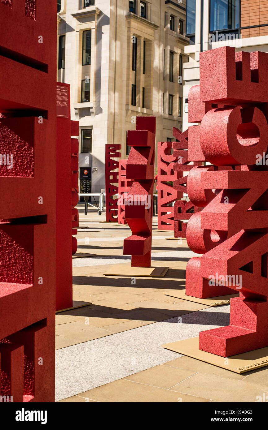 London, UK. 22nd Sep, 2017. Janssen Oncology have collaborated with nine blood cancer groups to raise awareness of the disease in Londons' Paternoster Square. Installing 104 three dimensional sculpures, designed by Paul Cocksedge, each representing a patient diagnosed with blood cancer everyday. Each of the pieces symbolises an individual with blood cancer. London, Paternoster Square, September 2017 Credit: Whitebox Media/Alamy Live News Stock Photo