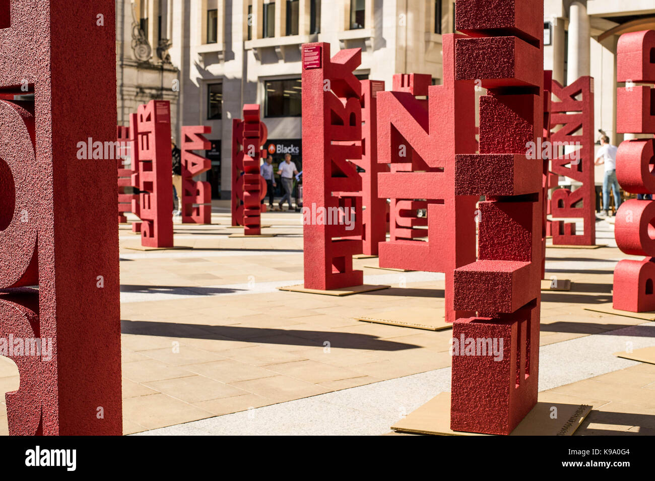 London, UK. 22nd Sep, 2017. Janssen Oncology have collaborated with nine blood cancer groups to raise awareness of the disease in Londons' Paternoster Square. Installing 104 three dimensional sculpures, designed by Paul Cocksedge, each representing a patient diagnosed with blood cancer everyday. Each of the pieces symbolises an individual with blood cancer. London, Paternoster Square, September 2017 Credit: Whitebox Media/Alamy Live News Stock Photo