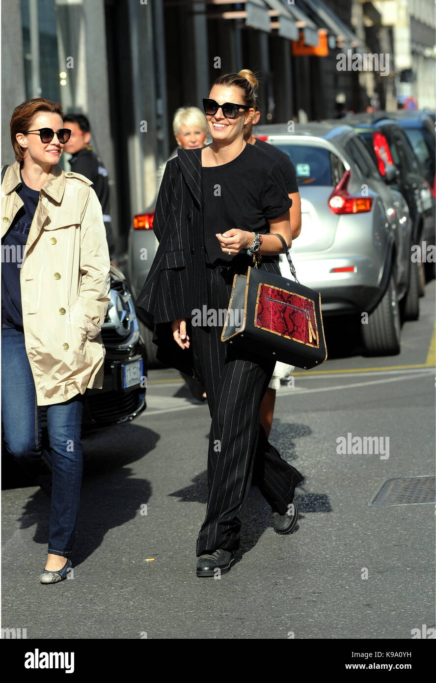 Milan, Sveva Alviti walking with Nathalie Rapti Gomez in the center