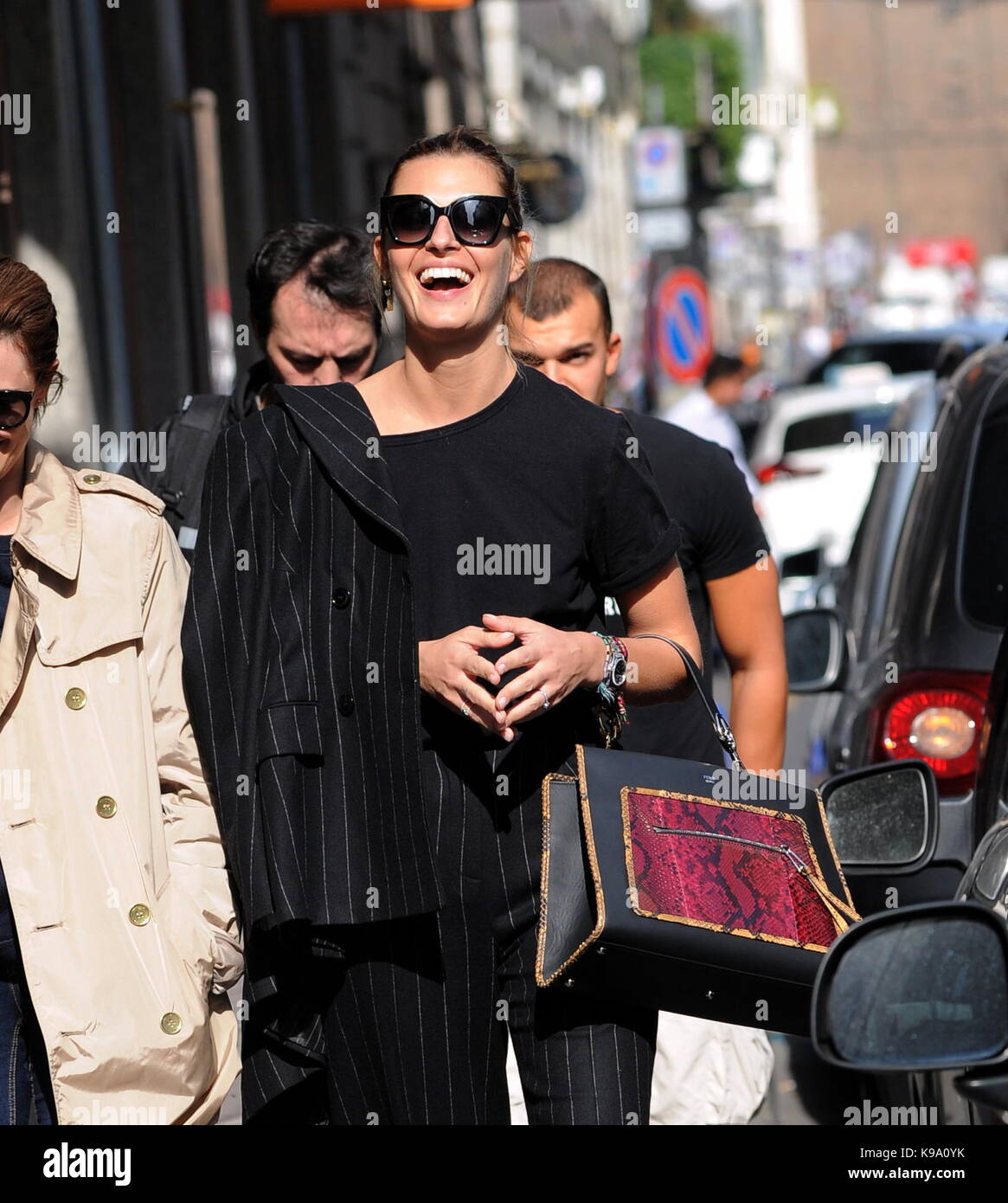 Milan, Sveva Alviti walking with Nathalie Rapti Gomez in the center
