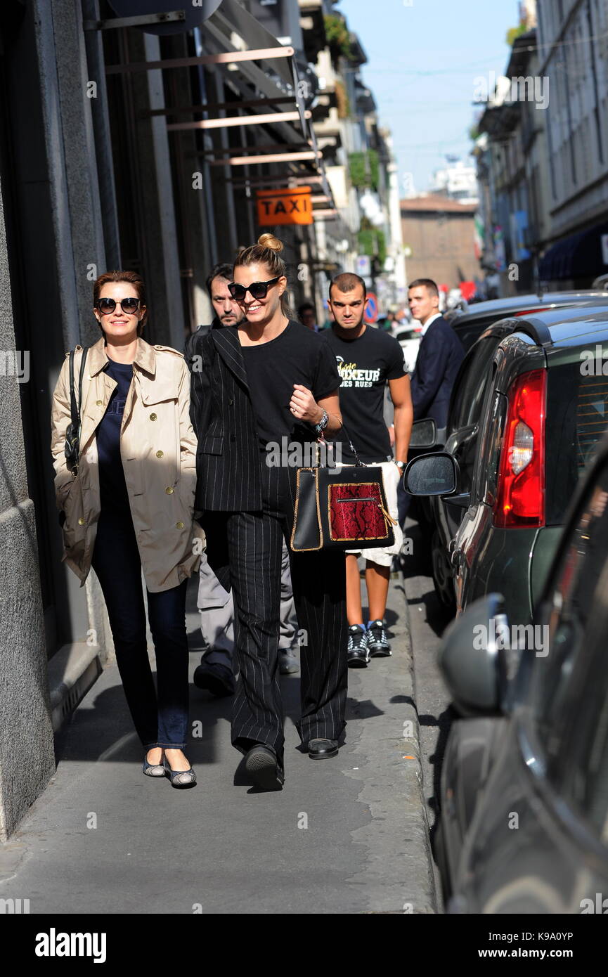 Milan, Sveva Alviti walking with Nathalie Rapti Gomez in the center