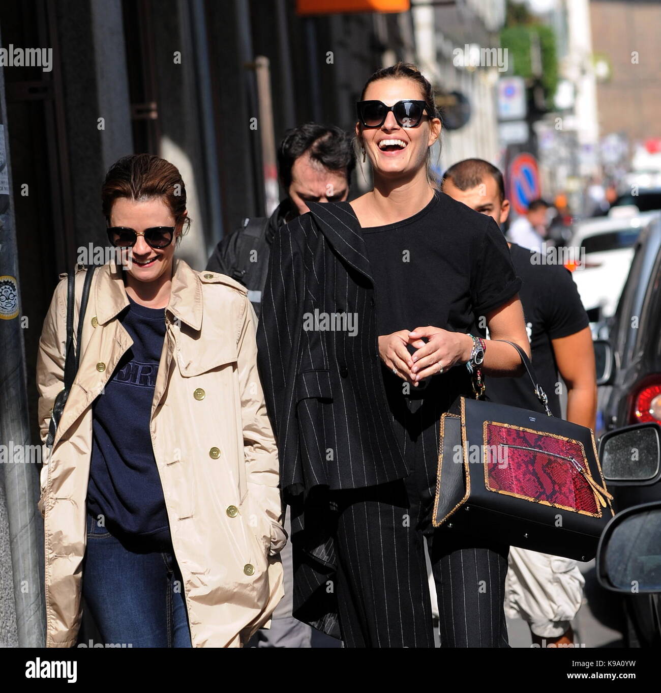 Milan, Sveva Alviti walking with Nathalie Rapti Gomez in the center