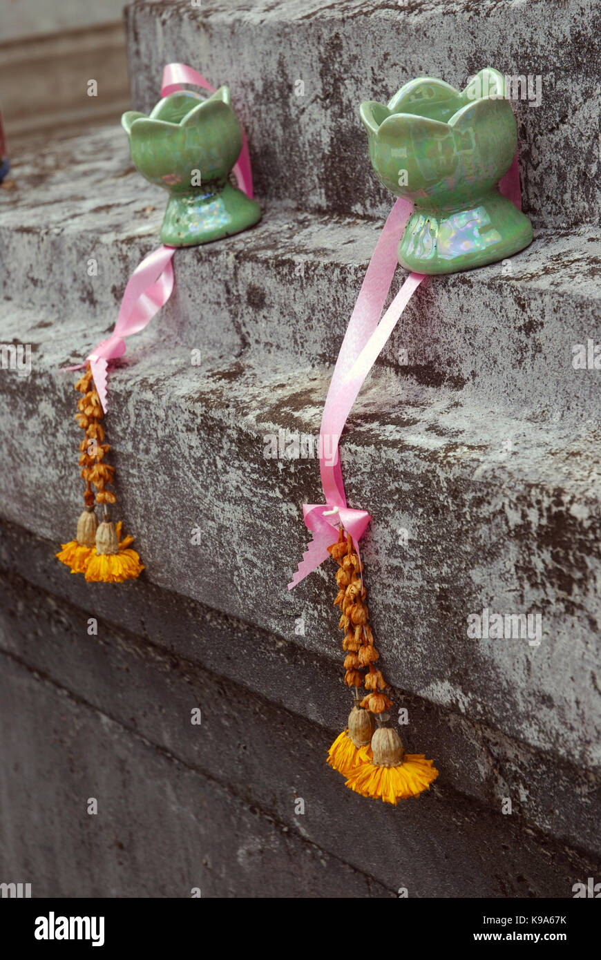 Marigold phuang malai, traditional Thai flower garland offerings at Wat