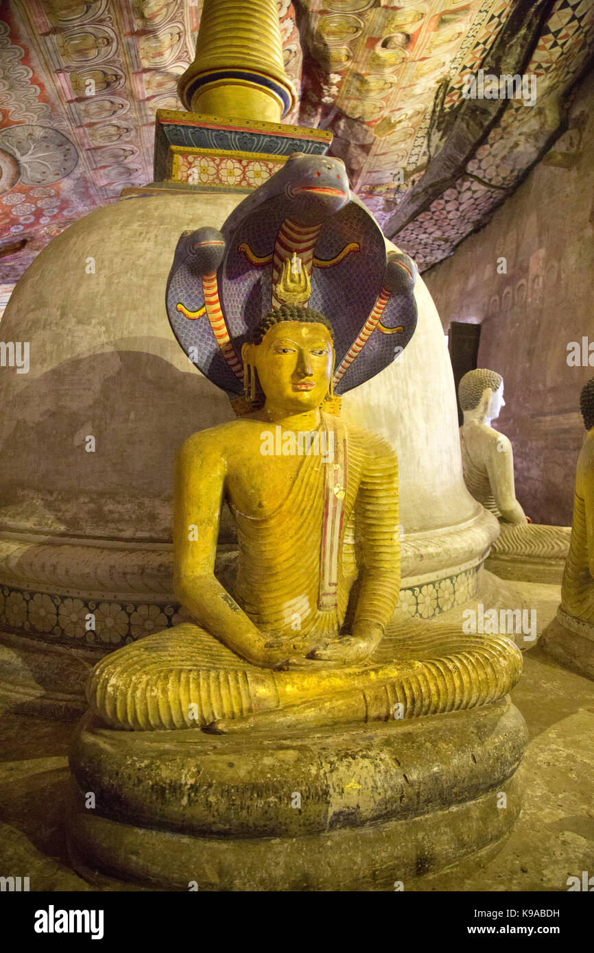 Dambulla Sri Lanka Dambulla Cave Temples - Cave II  Maharaja Viharaya Statue Of Gautama Buddha In Dhyana Mudra Being Protected By Naga Muchalinda In Front Of Dagoba Stock Photo