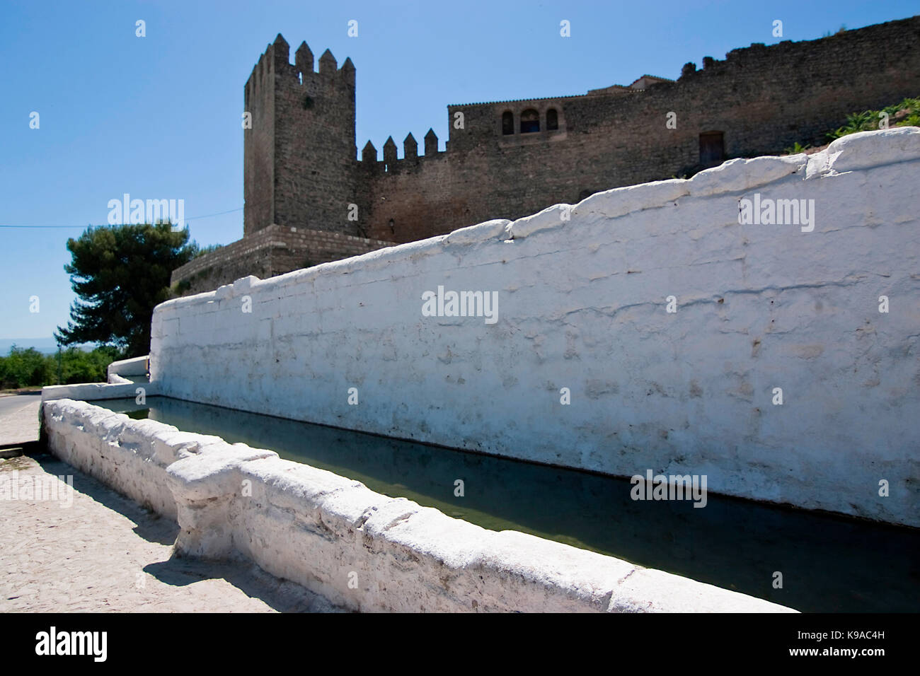 Drinking trough for farm animals and Tower of the Barbacana, Sabiote, Jaen, Spain Stock Photo