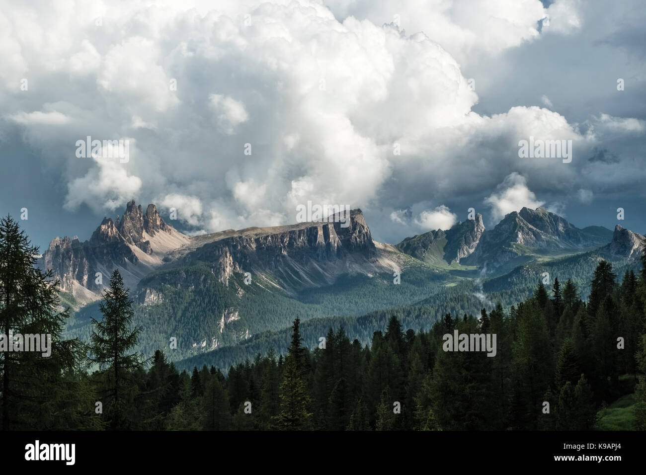 The Dolomites, Northern Italy. Stormclouds above Averau and the serrated peaks of the Crepe dei Ronde Stock Photo