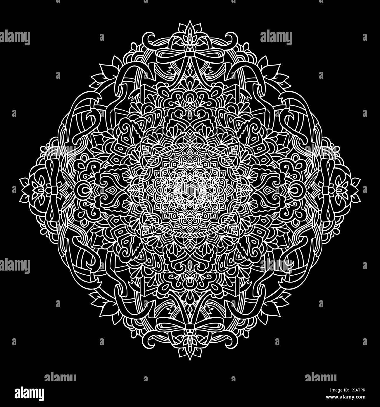 Abstract mandala ornament isolated on black background. Asian pattern. Stock Vector