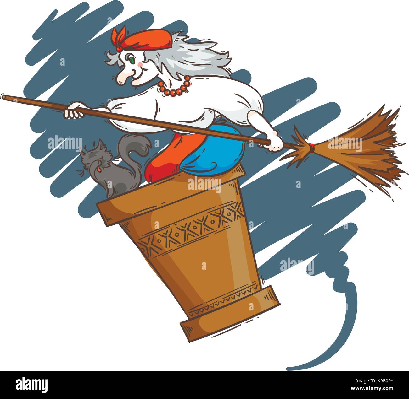 Baba Yaga flying in a mortar with cat and broomstick in the night. Russian granny witch. Halloween vector cartoon illustration. Stock Vector