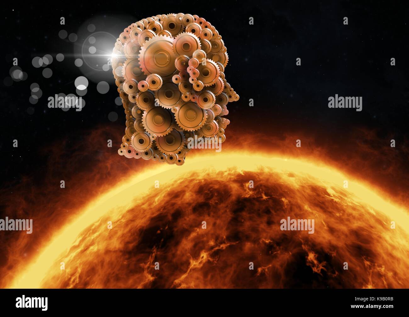 Digital composite of Cog head floating over the sun Stock Photo - Alamy