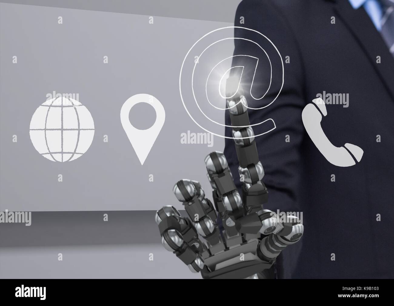 Digital composite of bionic hand using contact icon interface Stock ...