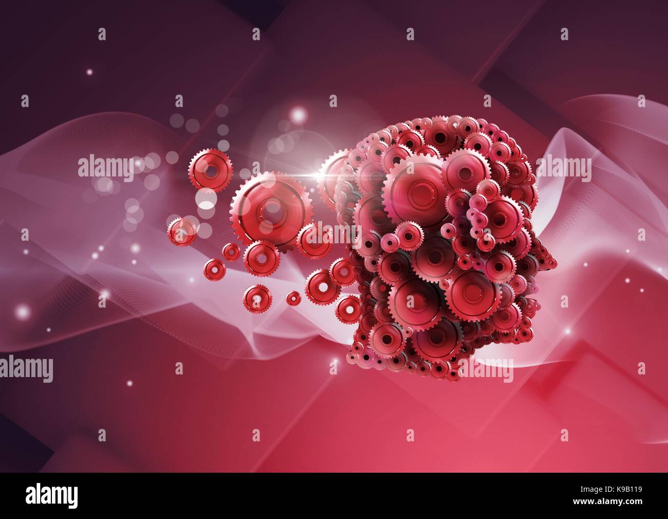Digital composite of Cog head floating through red abstract background ...