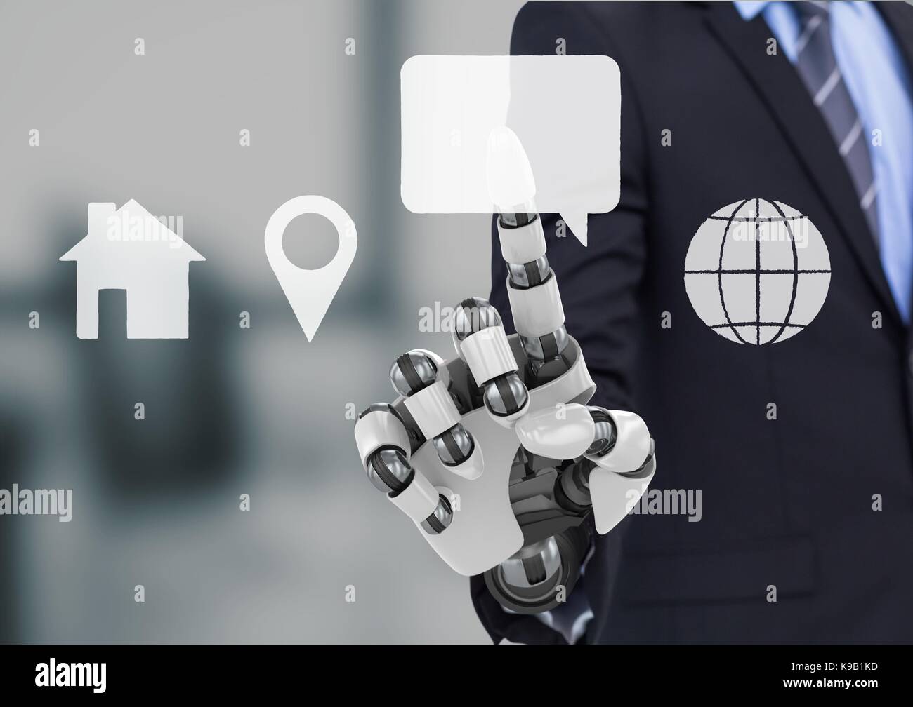 Digital composite of bionic hand pointing at contact icon interface ...