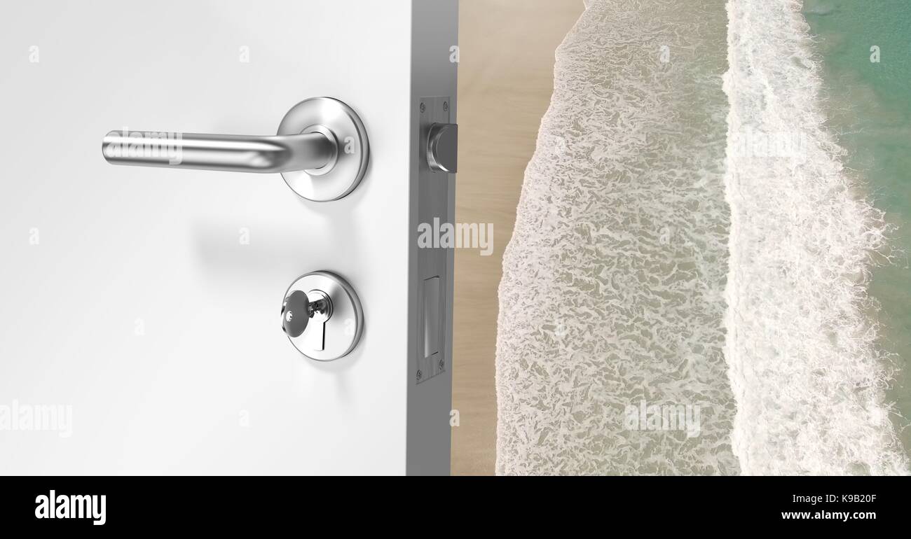 Digital composite of Door opening onto beach Stock Photo