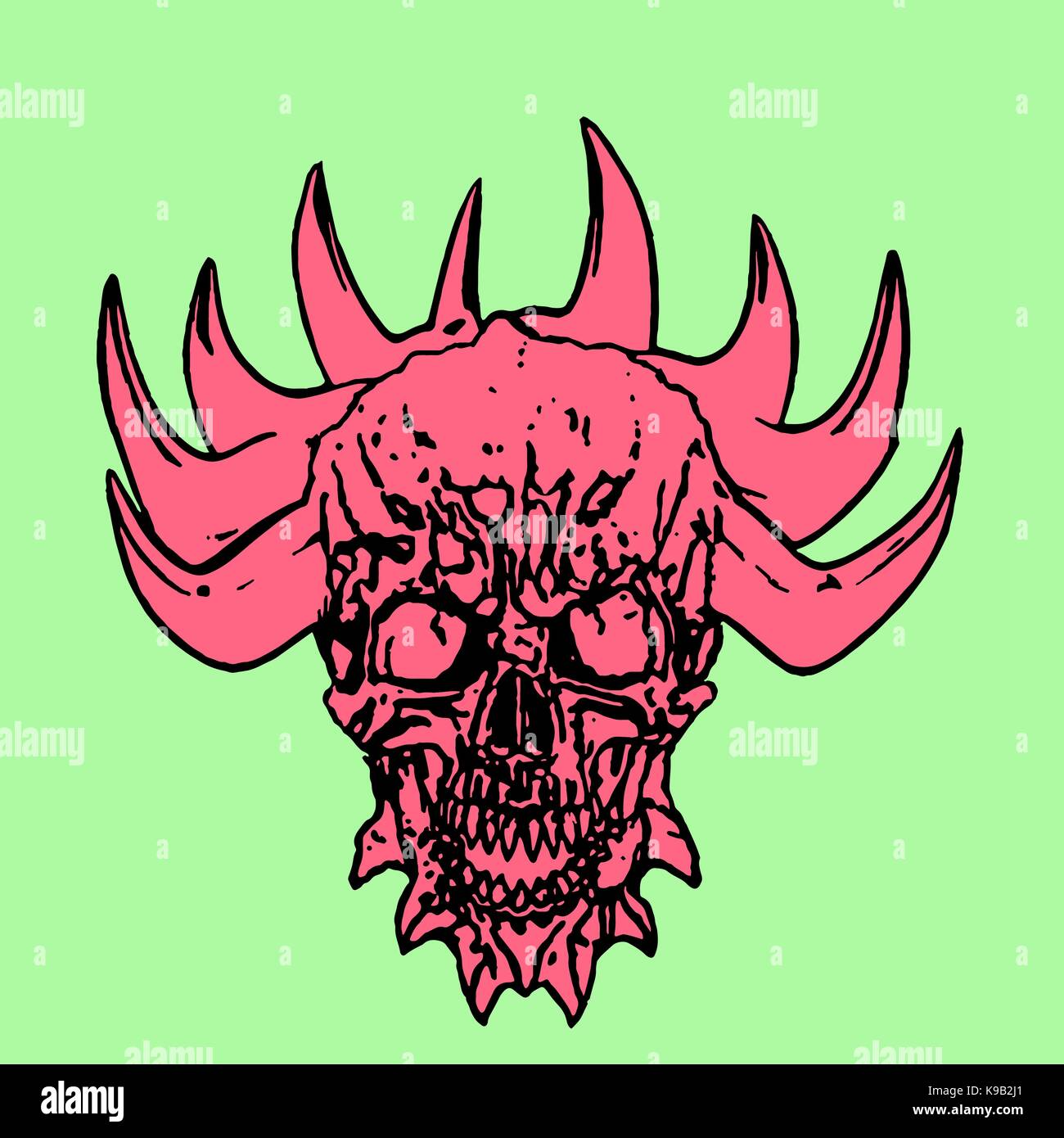 Red skull of a demon with crown of thorns. Vector illustration on green background. Stock Vector