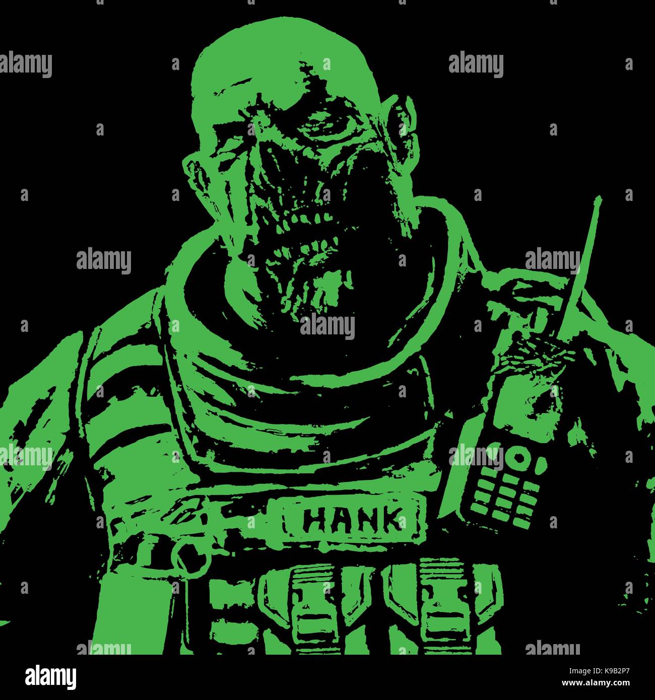 Fat zombie soldier black and green colors. Vector illustration. Drawing