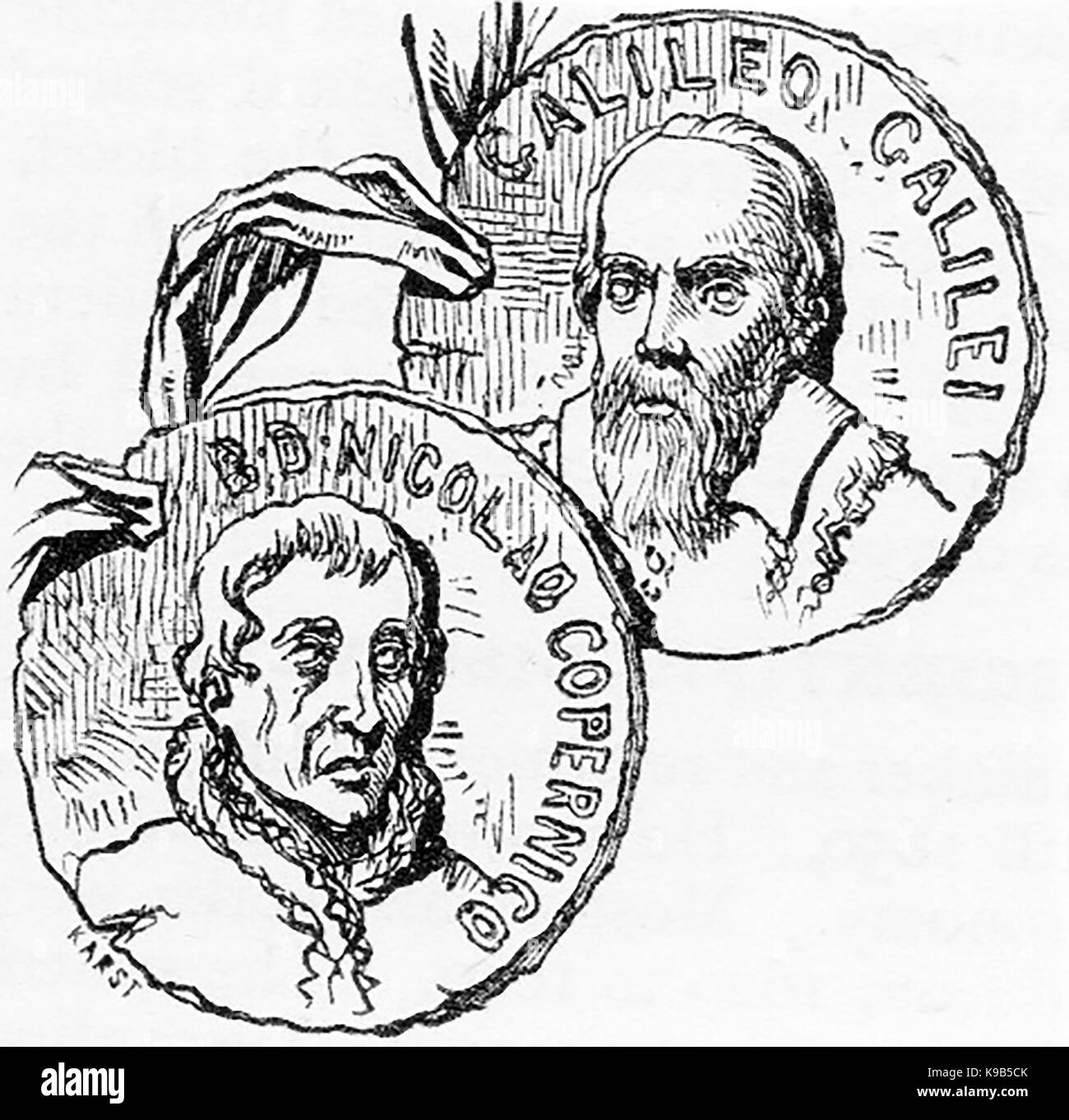 A 1910 sketch of medallions showing portraits of Galileo Galilei & Nicolaus Copernicus Stock Photo