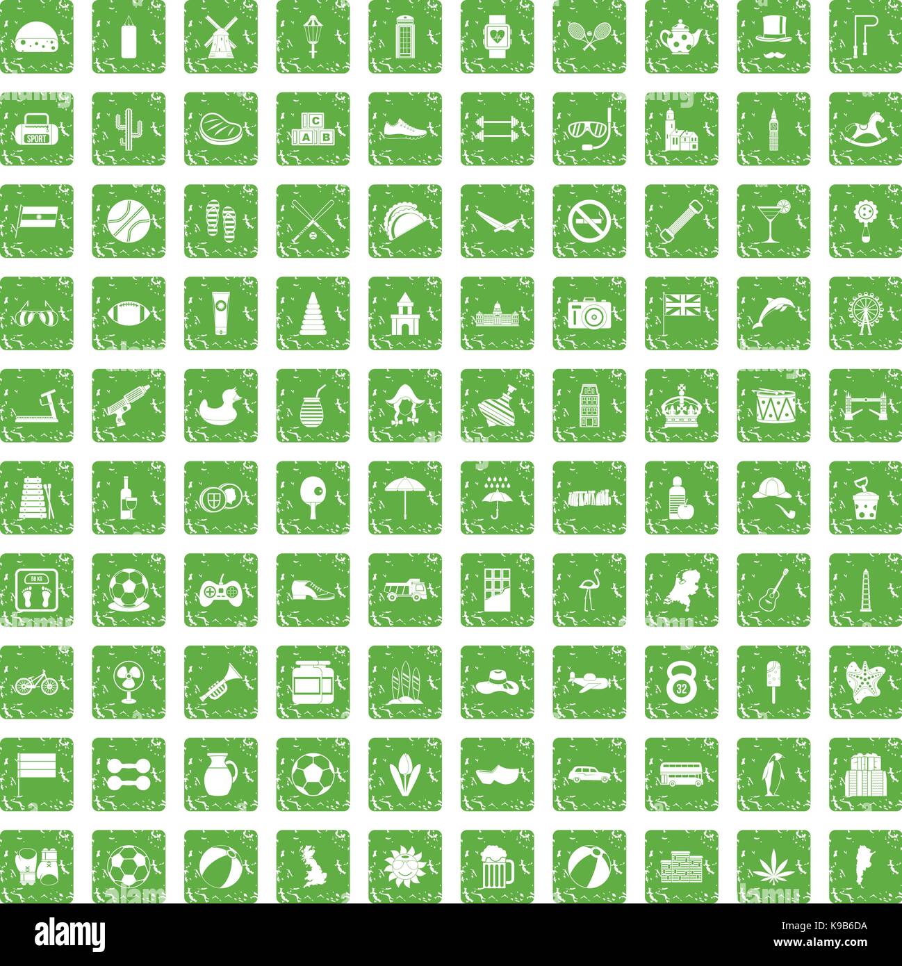 100 ball icons set grunge green Stock Vector
