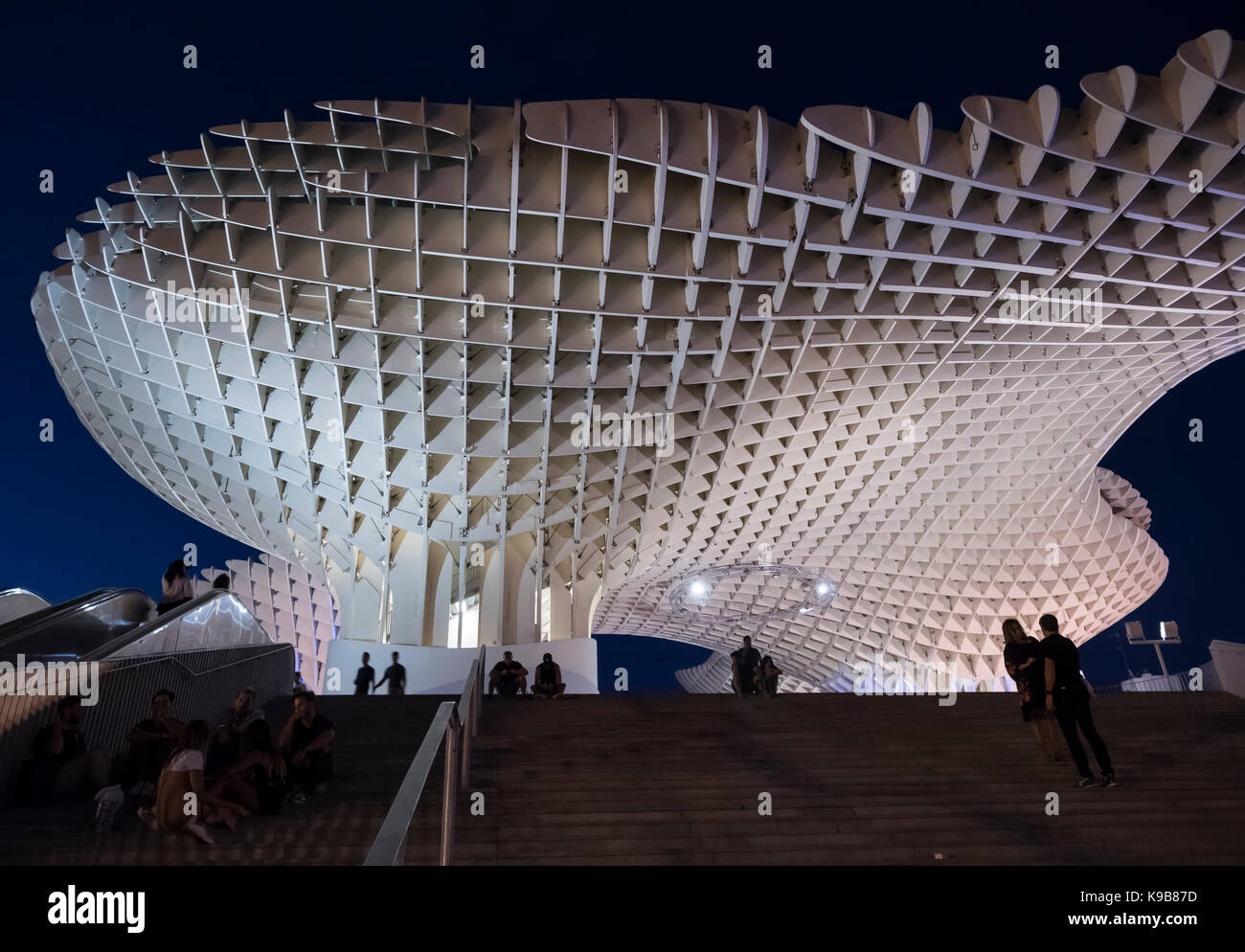 View of Metropol Parasol Night , popularly called 'Mushrooms of Seville', carried out by the architect Jürgen Mayer, Seville, Andalusia, Spain Stock Photo