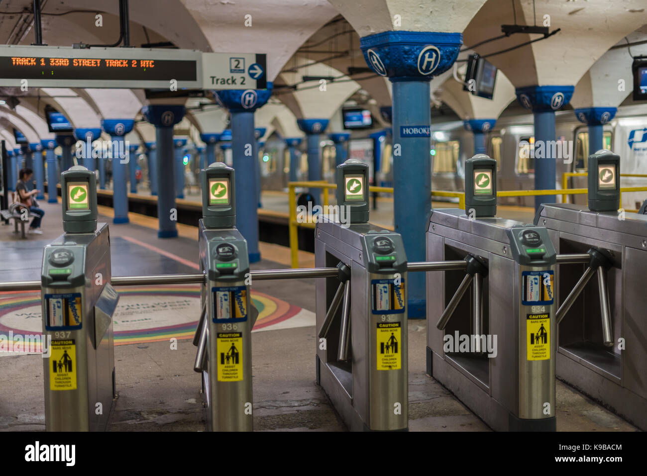 Hoboken, NJ USA September 19, 2017 Entry turnstiles to the New York New Jersey PATH Tubes
