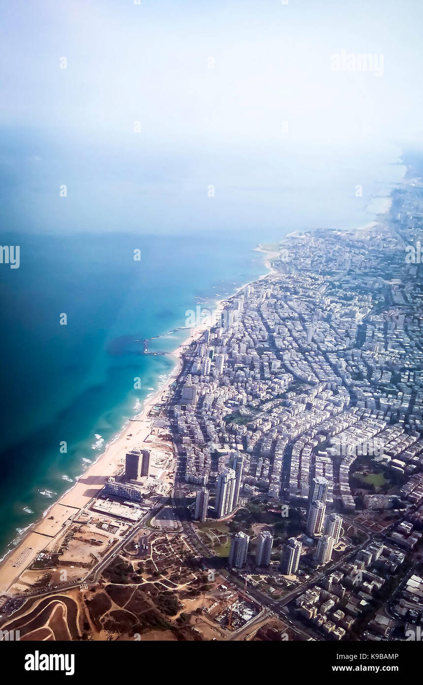 View of Tel Aviv and the Mediterranean Sea from the window of the plane taking off from the airport Ben Gurion Stock Photo