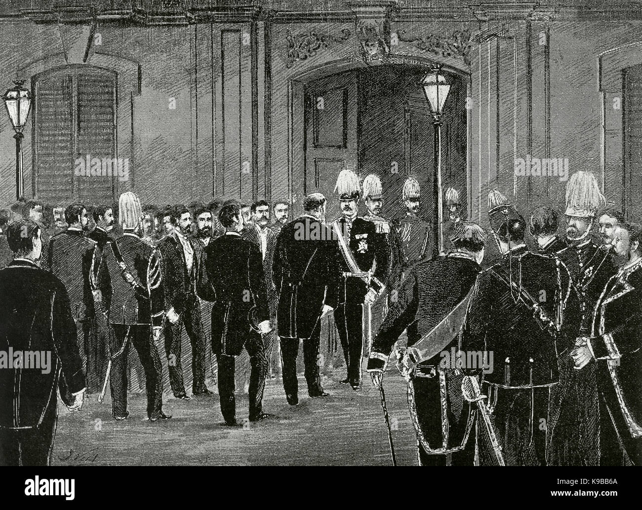 Spain. Catalonia. Barcelona. Universal Exhibition of 1888. The mayor of Barcelona, Francisco de Paula Rius i Taulet (1833-1889) offering the King Luis I of Portugal (1838-1889) the Royal Pavilion. Engraving by J. Vehil. 'The Iberian Illustration', 1888. Stock Photo