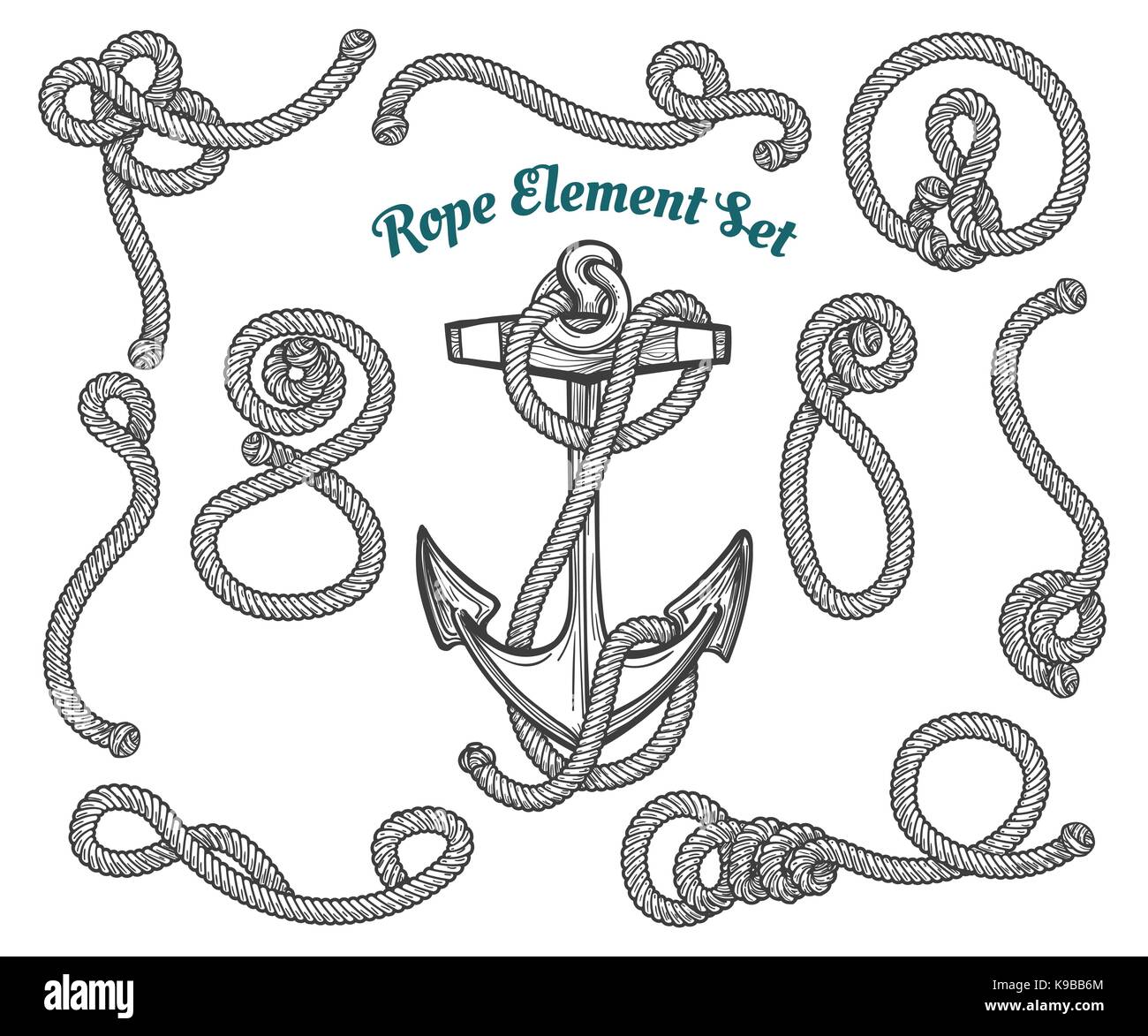 set of hand drawn ropes corners and loops. Vector rope design elements. Stock Vector