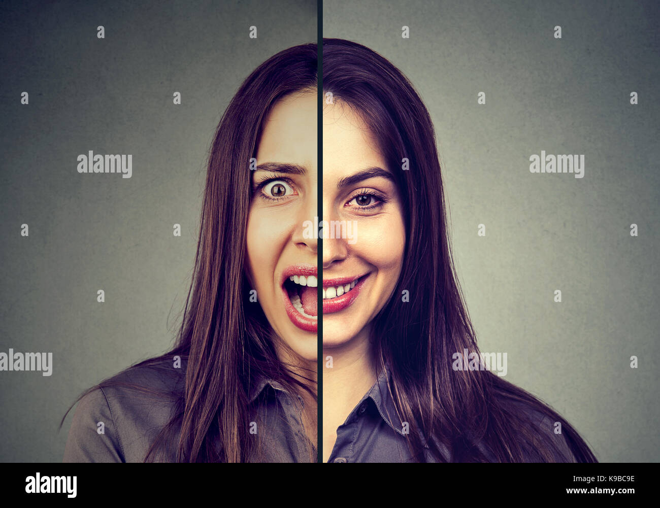 Bipolar disorder and split personality concept. Woman with double face expression isolated on gray background Stock Photo