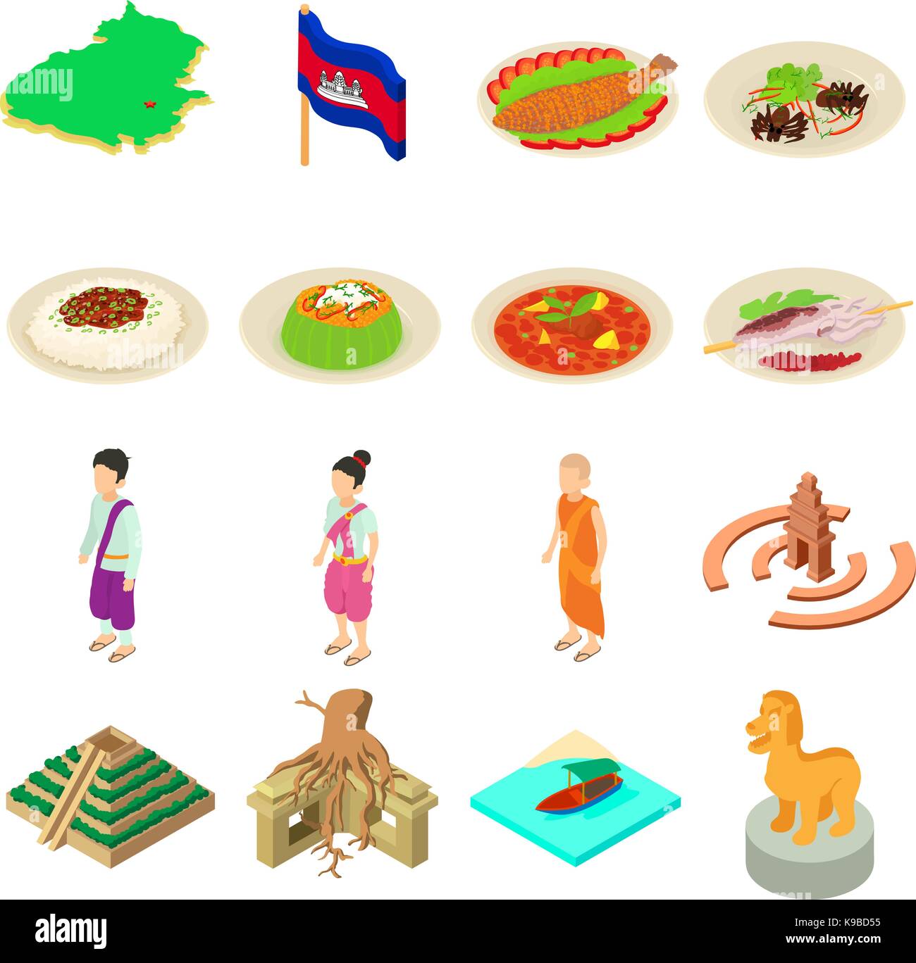 Cambodia travel icons set, isometric style Stock Vector