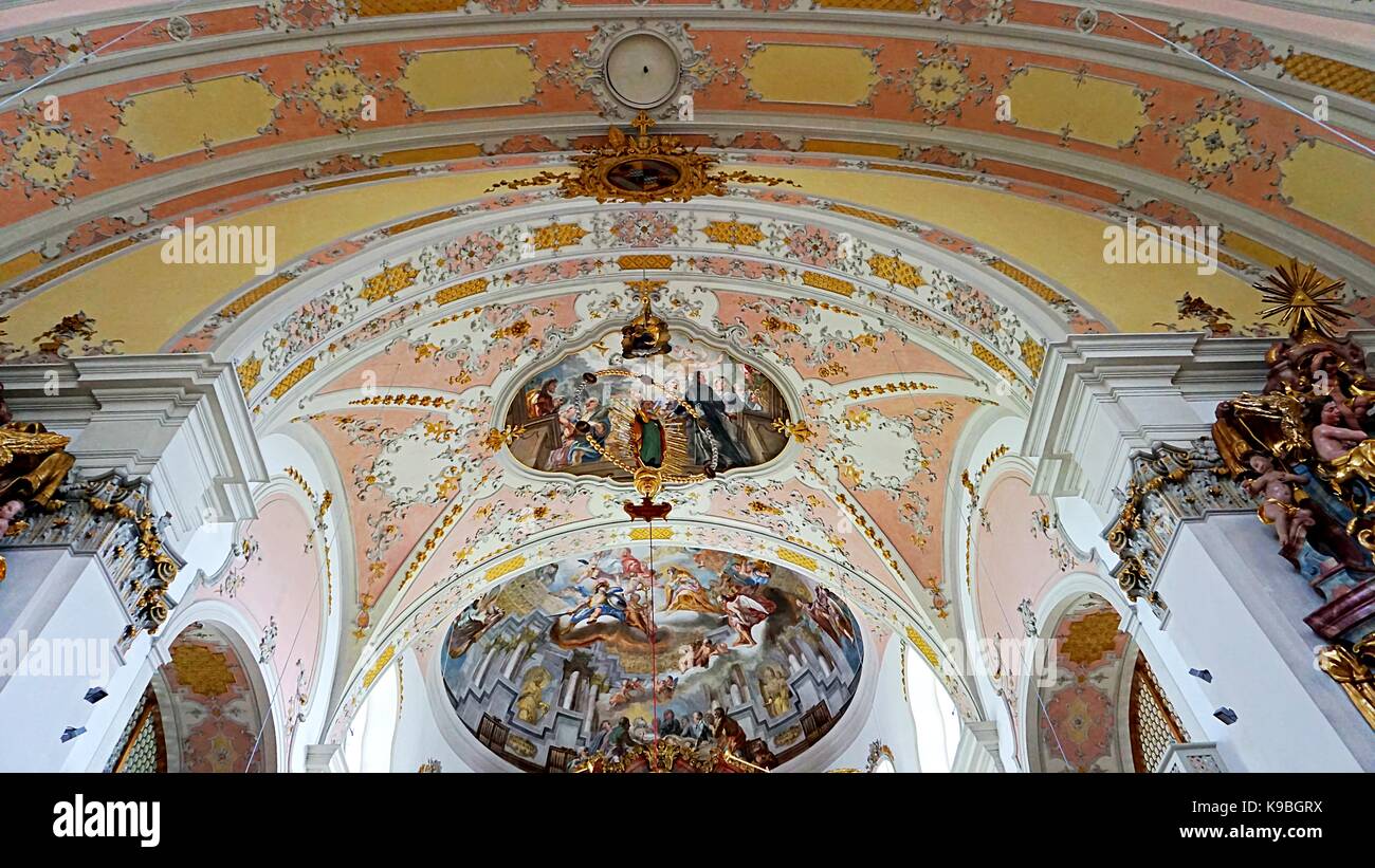 Interior of Parish Church of St. Martin or Martinskirche with ceiling paintings , Garmisch-Partenkirchen, Germany Stock Photo