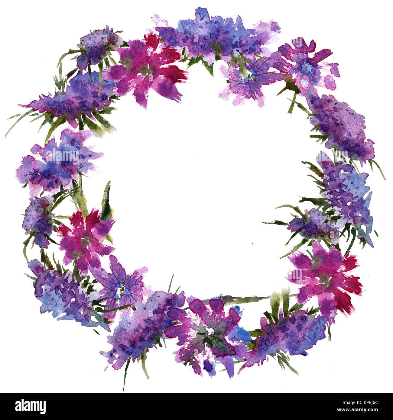 Wreath romantic watercolor purple Summer flowers Stock Photo - Alamy