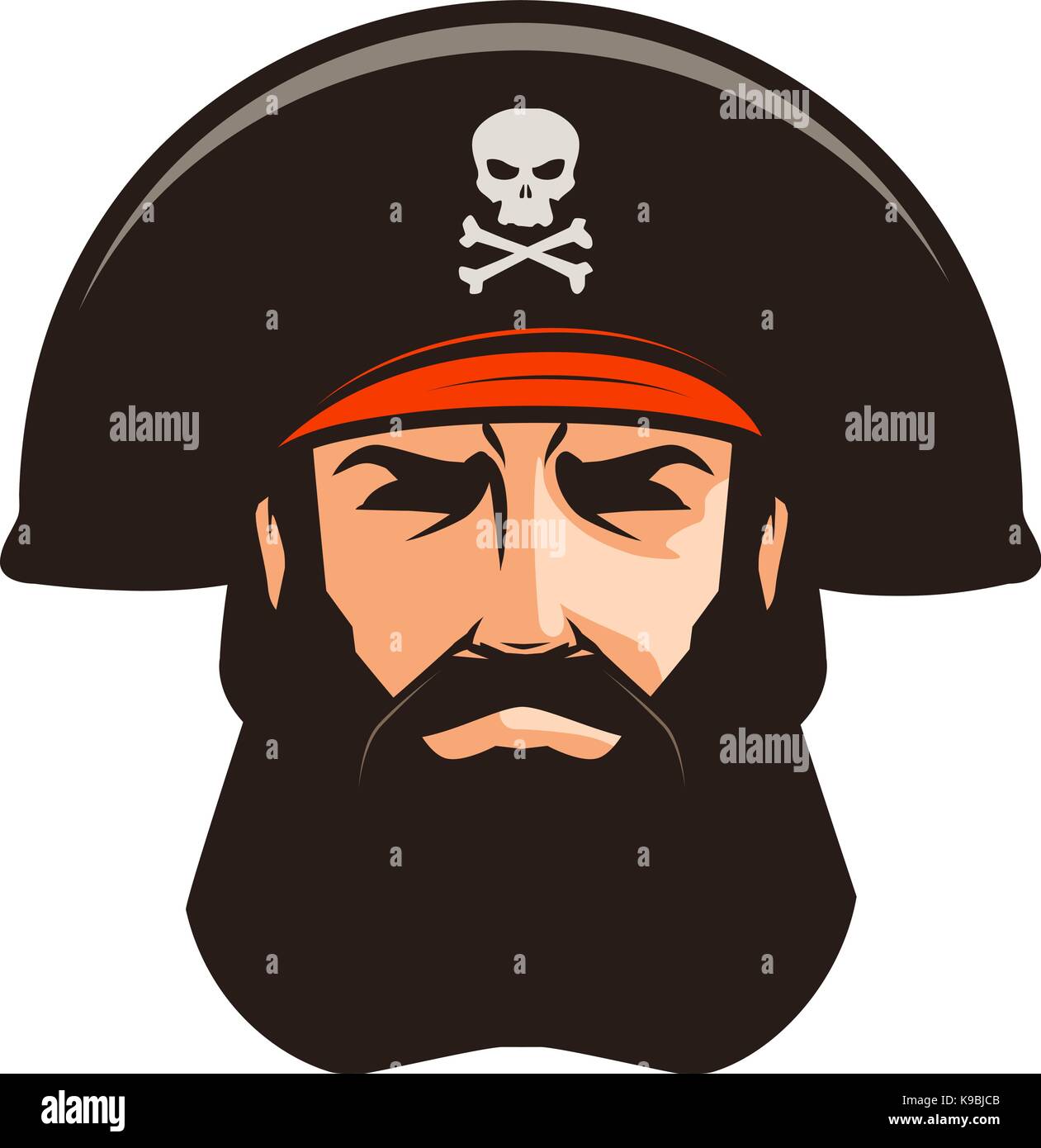 Pirate logo or label. Portrait of bearded man in cocked hat. Cartoon vector illustration Stock Vector