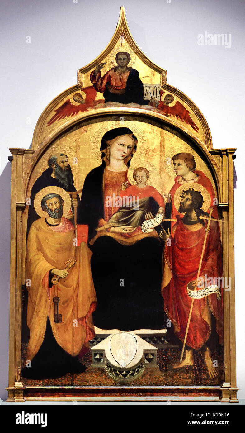 Madonna and Child and Saints Antony Abbott and Peter, Julian and John the Baptist, Cusp: God the Father,  Gallery of the Academy of Florence Italy 15th Century Stock Photo